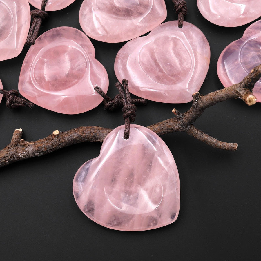 AAA Natural Pink Rose Quartz Indented Heart Pendant