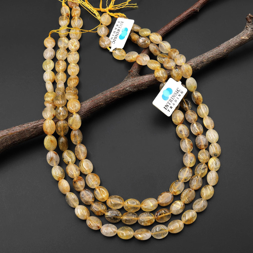 Natural Golden Rutile Quartz Smooth Oval Beads Gemstone 15.5" Strand