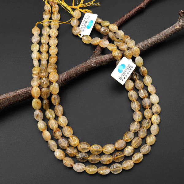 Natural Golden Rutile Quartz Smooth Oval Beads Gemstone 15.5" Strand