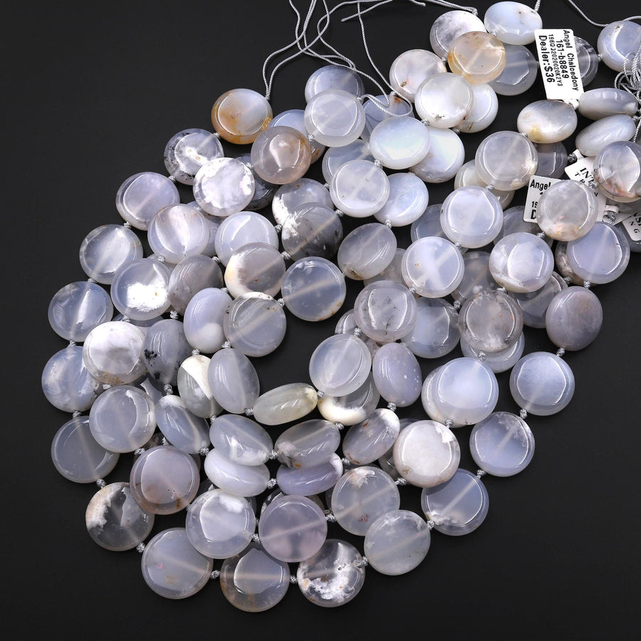 Rare Natural Angel Chalcedony Beads 20mm Smooth Coin Beads Translucent Gemstone 15.5" Strand