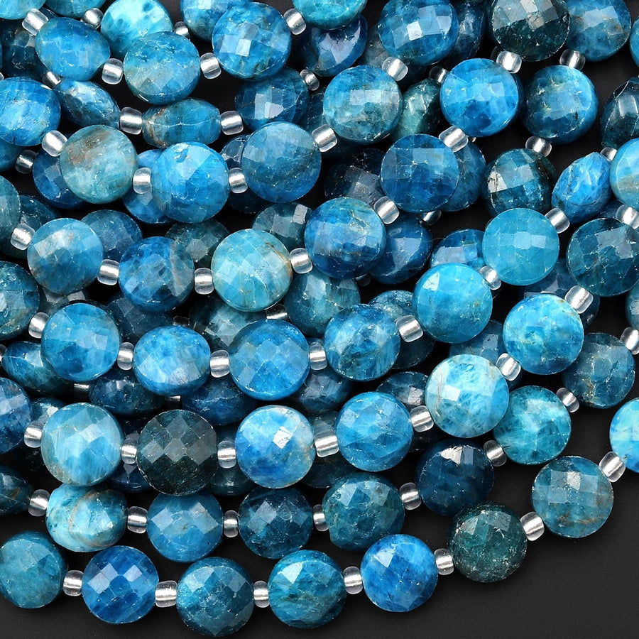 Faceted Natural Teal Blue Apatite Coin 9mm 10mm Beads 15.5" Strand