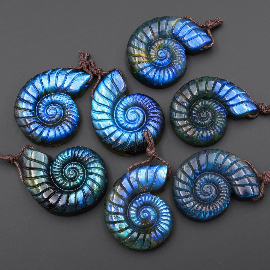 AAA Hand Carved Natural Blue Labradorite Ammonite Pendant Side Drilled Gemstone Focal Bead