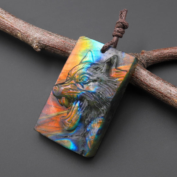 Hand Carved Natural Labradorite Growling Wolf Gemstone Pendant Bead A1