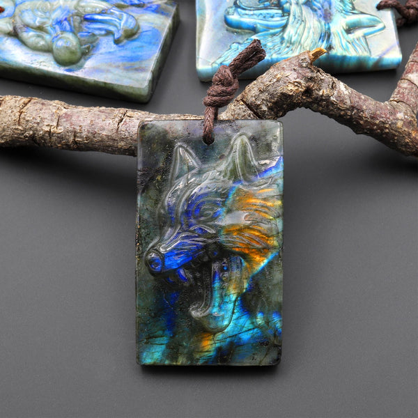 Hand Carved Natural Labradorite Growling Wolf Gemstone Pendant Bead A4