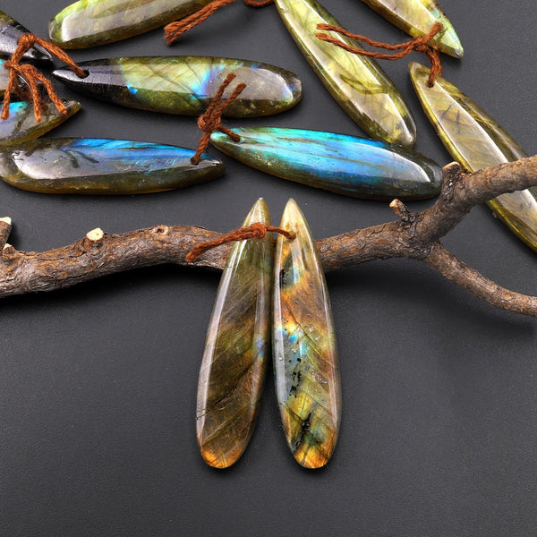 Natural Labradorite Slender Linear Teardrop Pair Drilled Matched Natural Gemstone Bead Pair A6