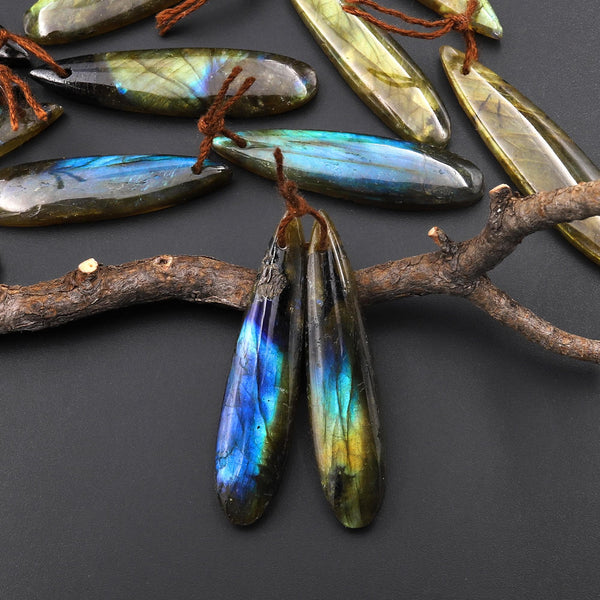 Natural Labradorite Slender Linear Teardrop Pair Drilled Matched Natural Gemstone Bead Pair A5