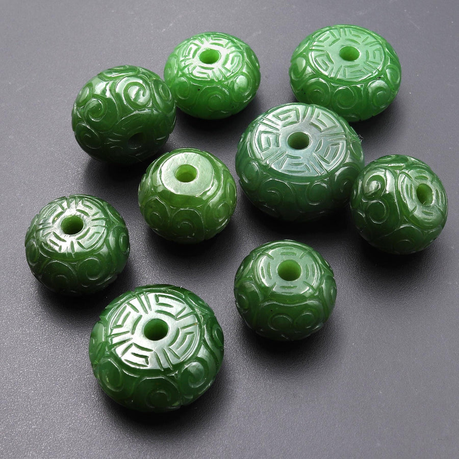 Hand Carved Natural Canadian Green Jade Gemstone Focal Rondelle Bead Large 2mm Drill Hole