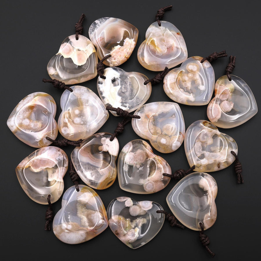 AAA Natural Cherry Blossom Flower Agate Indented Heart Pendant