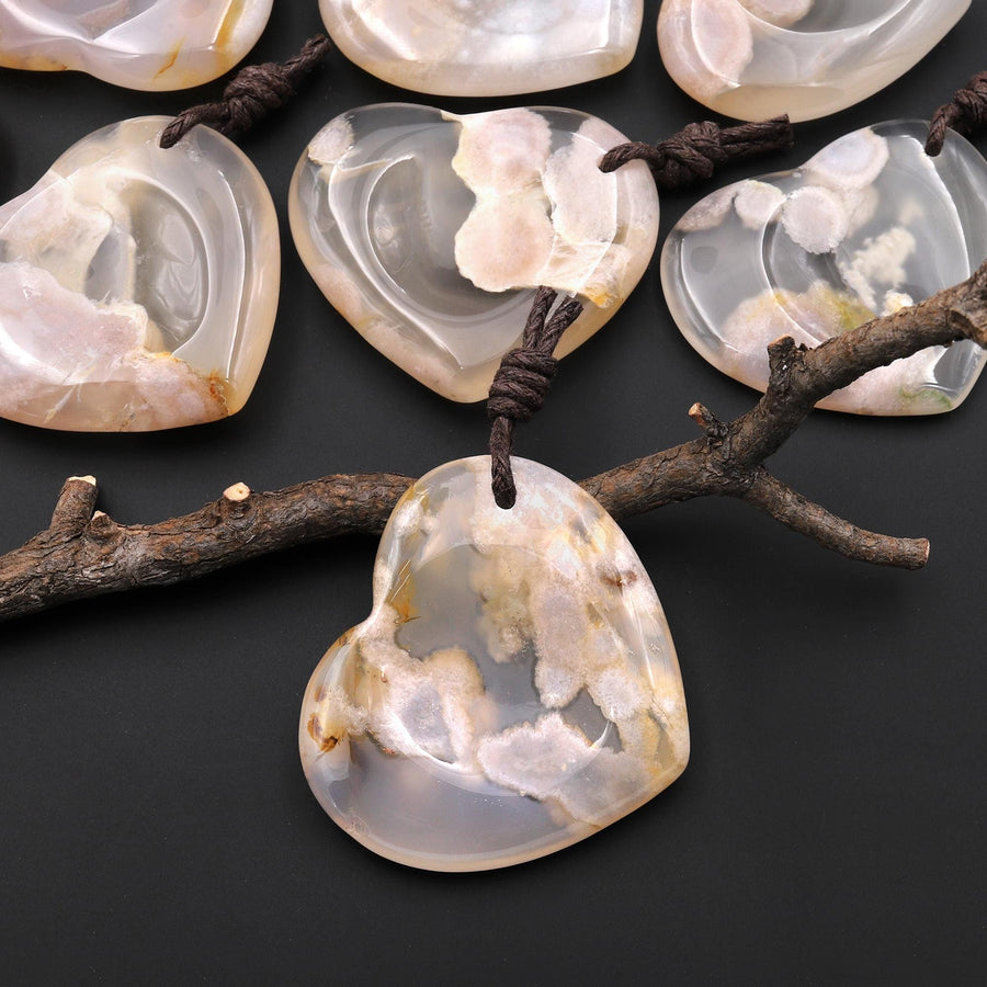 AAA Natural Cherry Blossom Flower Agate Indented Heart Pendant A2