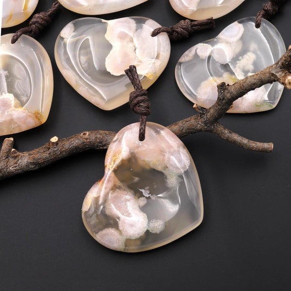 AAA Natural Cherry Blossom Flower Agate Indented Heart Pendant A3