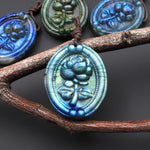 AAA Hand Carved Natural Blue Labradorite Rose Flower Pendant Gemstone Focal Bead