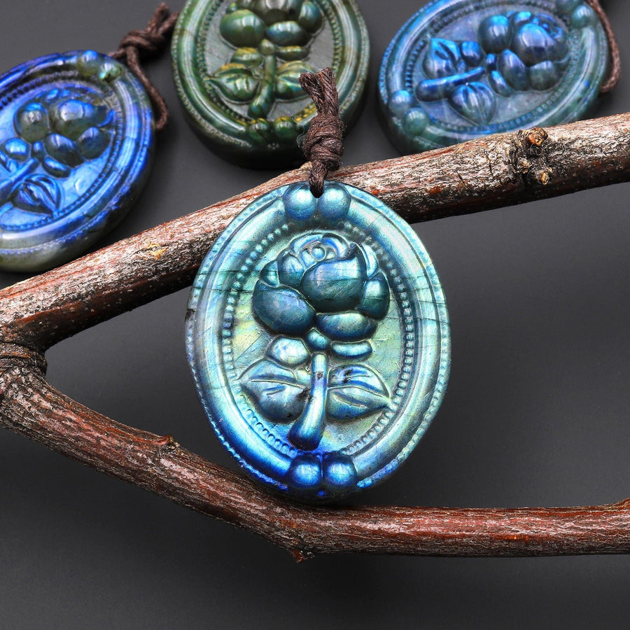 AAA Hand Carved Natural Blue Labradorite Rose Flower Pendant Gemstone Focal Bead