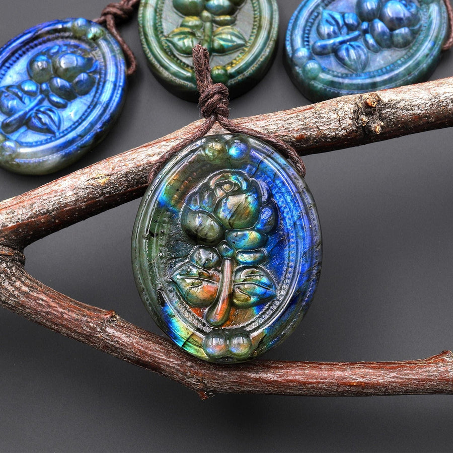 AAA Hand Carved Natural Blue Labradorite Rose Flower Pendant Side Drilled Gemstone Focal Bead A5