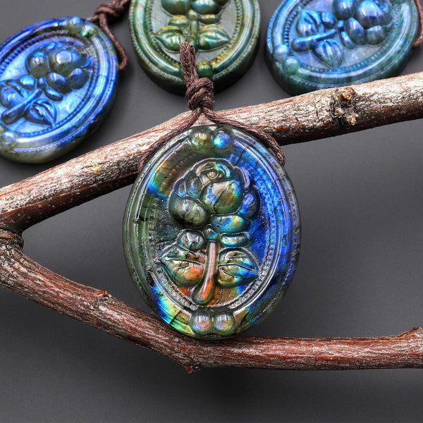 AAA Hand Carved Natural Blue Labradorite Rose Flower Pendant Side Drilled Gemstone Focal Bead A5