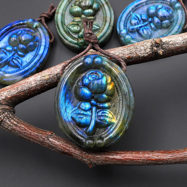 AAA Hand Carved Natural Blue Labradorite Rose Flower Pendant Side Drilled Gemstone Focal Bead A6