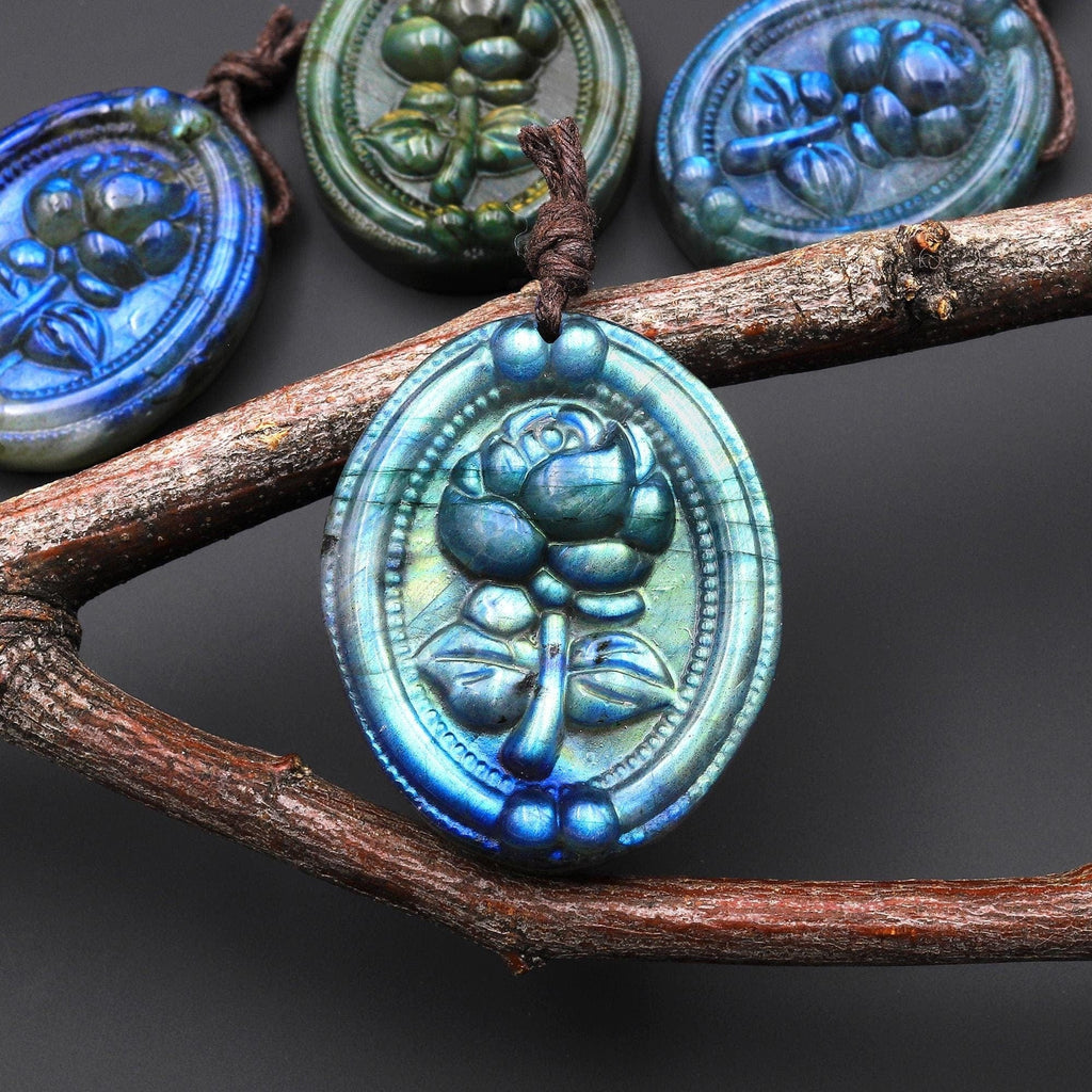 AAA Hand Carved Natural Blue Labradorite Rose Flower Pendant Side Drilled Gemstone Focal Bead A8