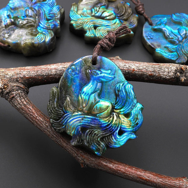 AAA Hand Carved Natural Nine-Tailed Fox Blue Labradorite Pendant Gemstone Focal Bead A1