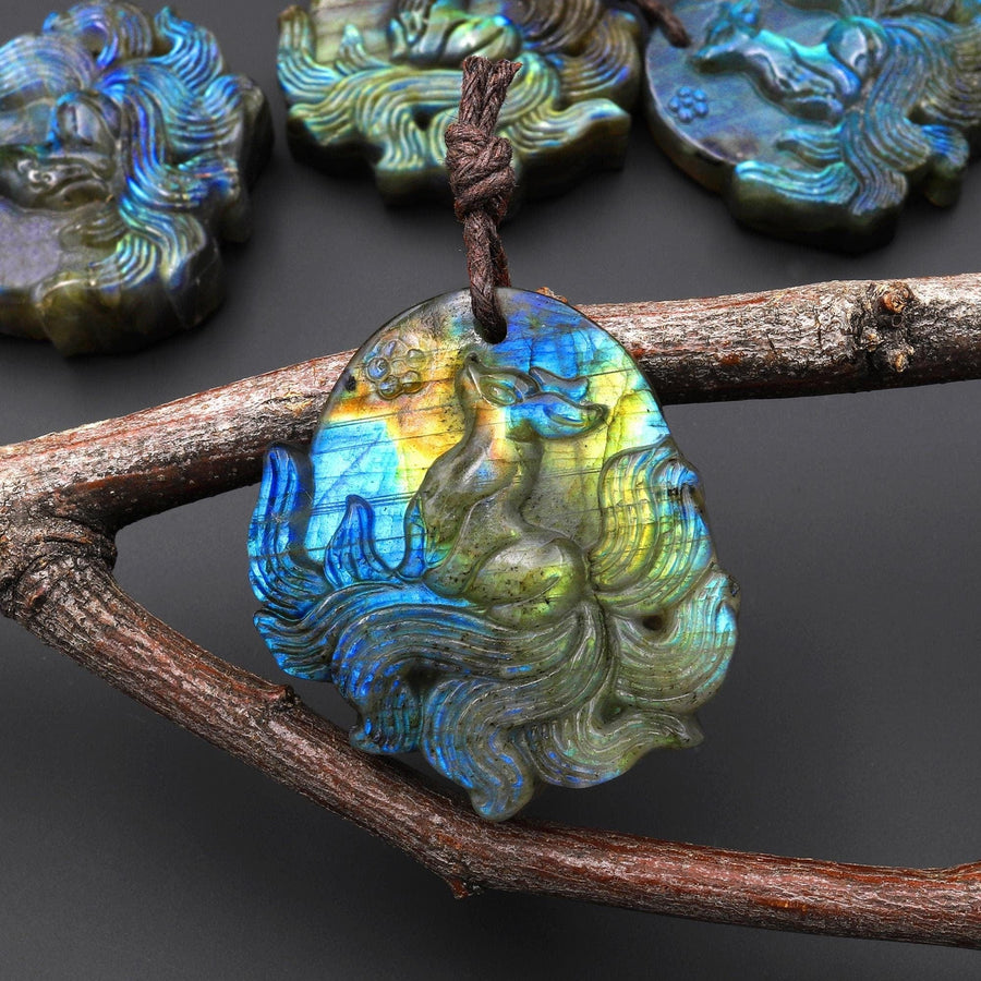 AAA Hand Carved Natural Nine-Tailed Fox Blue Labradorite Pendant Gemstone Focal Bead A2