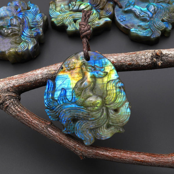 AAA Hand Carved Natural Nine-Tailed Fox Blue Labradorite Pendant Gemstone Focal Bead A2