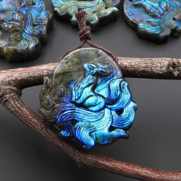 AAA Hand Carved Natural Nine-Tailed Fox Blue Labradorite Pendant Gemstone Focal Bead A8