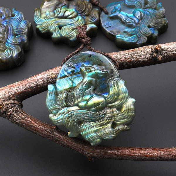 AAA Hand Carved Natural Nine-Tailed Fox Blue Labradorite Pendant Gemstone Focal Bead A10