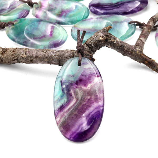 Natural Rainbow Fluorite Pendant Indented Oval Focal Bead A1