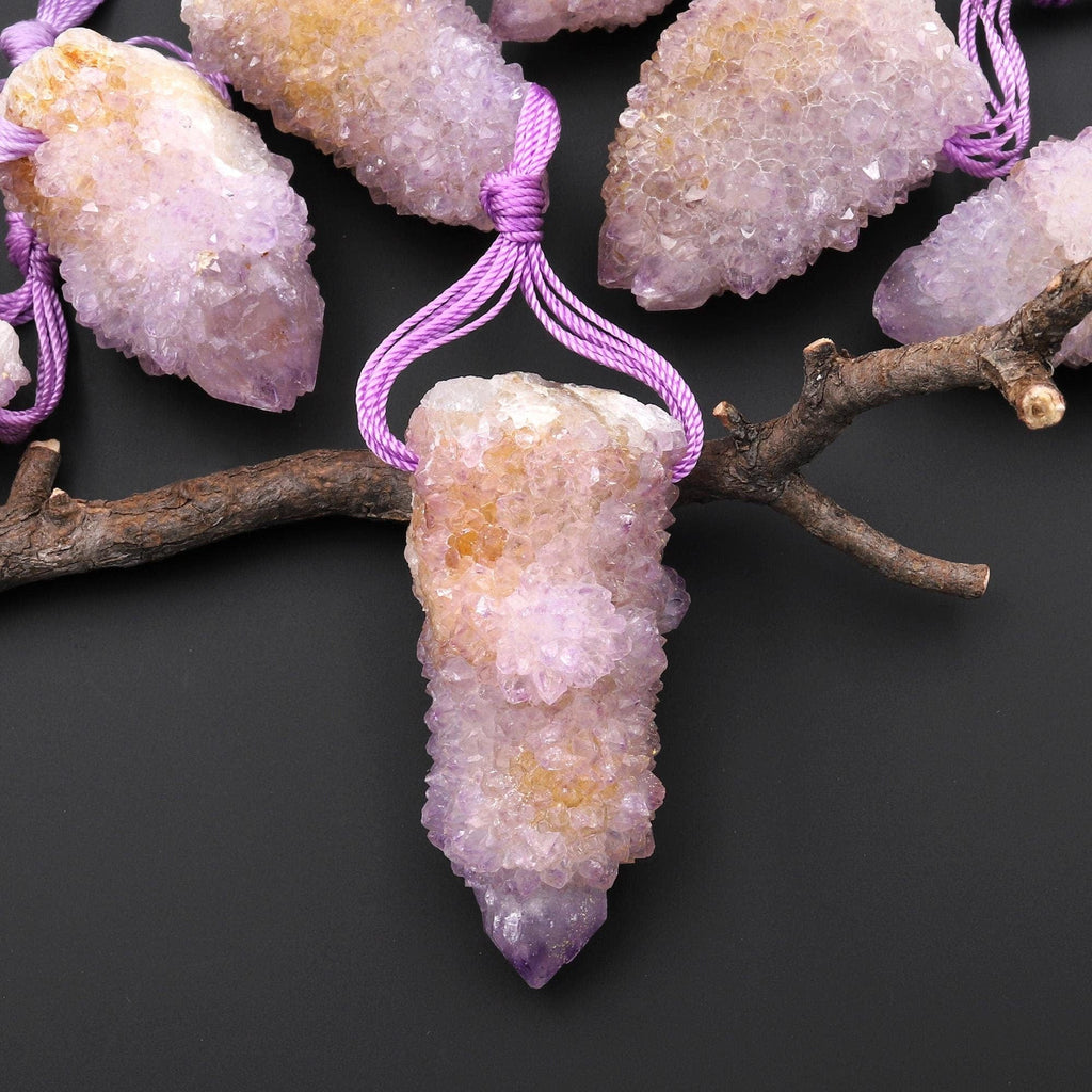 Natural Purple Purple Stalactite Quartz Point Pendant Side Drilled Gemstone Crystal
