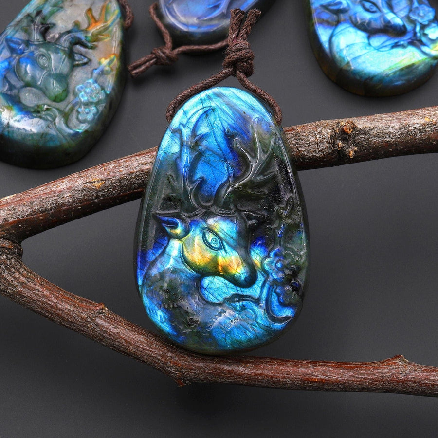 AAA Hand Carved Natural Blue Labradorite Artemis Deer Pendant Gemstone Focal Bead