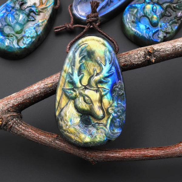 AAA Hand Carved Natural Blue Labradorite Artemis Deer Pendant Gemstone Focal Bead A2