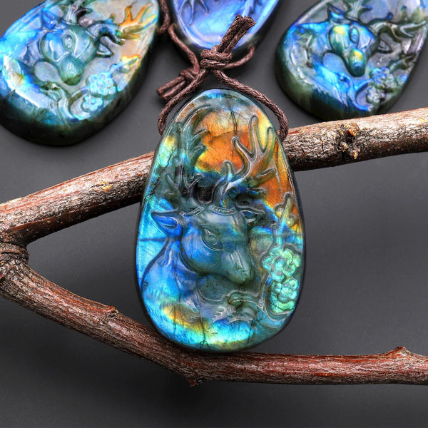 AAA Hand Carved Natural Blue Labradorite Artemis Deer Pendant Gemstone Focal Bead A6