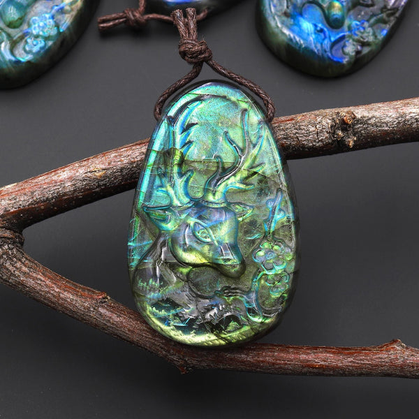 AAA Hand Carved Natural Blue Labradorite Artemis Deer Pendant Gemstone Focal Bead A7