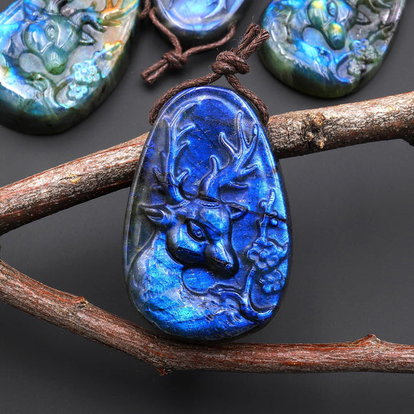 AAA Hand Carved Natural Blue Labradorite Artemis Deer Pendant Gemstone Focal Bead A8