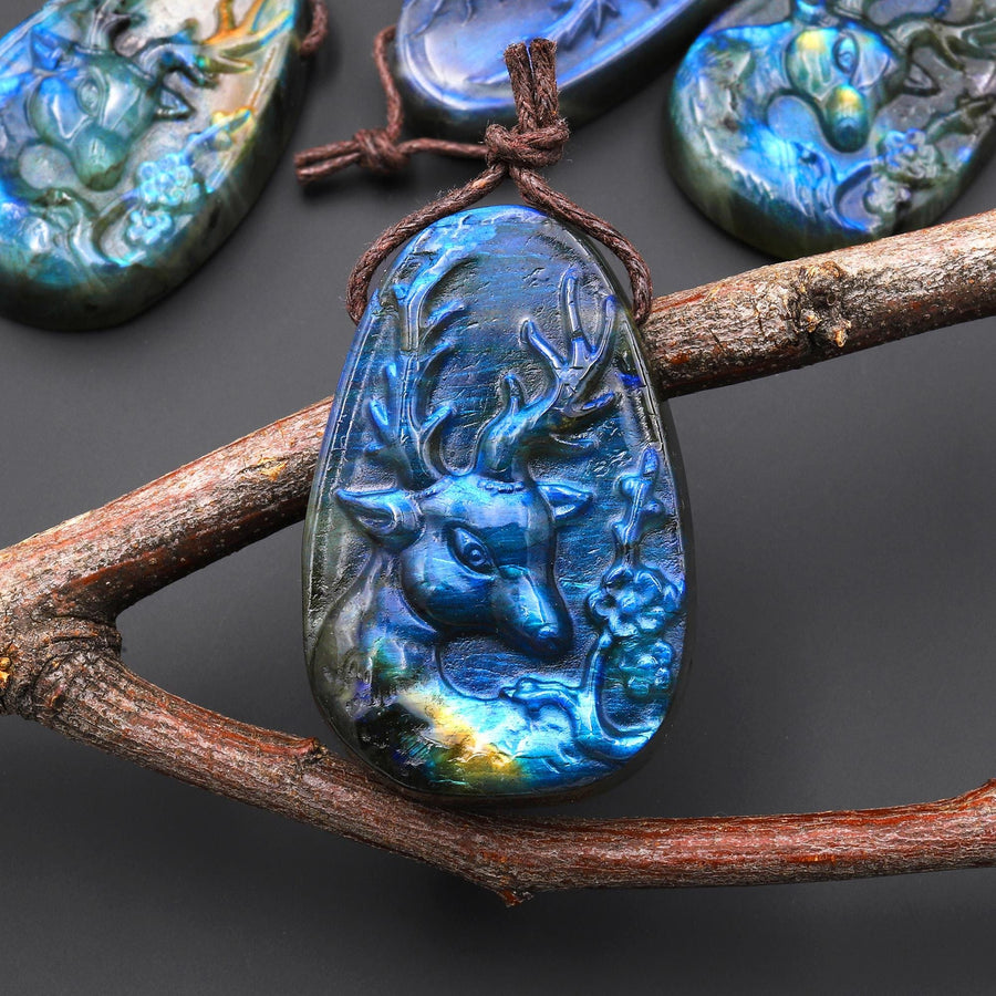 AAA Hand Carved Natural Blue Labradorite Artemis Deer Pendant Gemstone Focal Bead A10