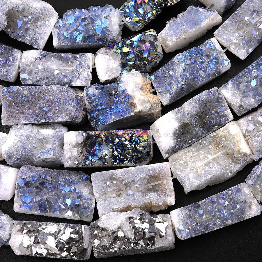 Natural Mystic Silvery Blue Agate Druzy Drusy Beads Freeform Rectangle Shape 15.5" Strand