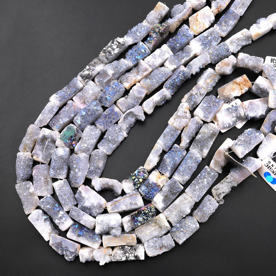 Natural Mystic Silvery Blue Agate Druzy Drusy Beads Freeform Rectangle Shape 15.5" Strand