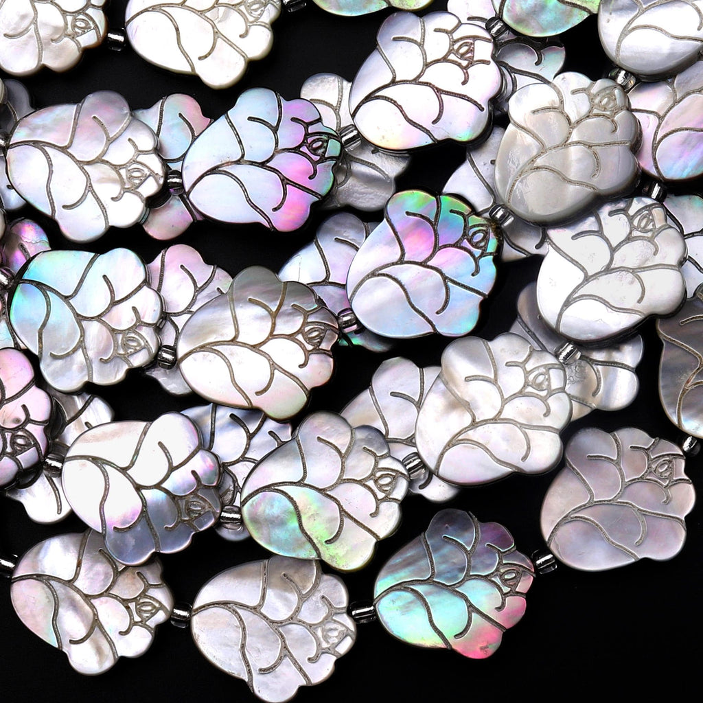 AAA Natural Silver Mother of Pearl Hand Carved Multi Layered Rose Petal Bloom Flower Beads 20mm