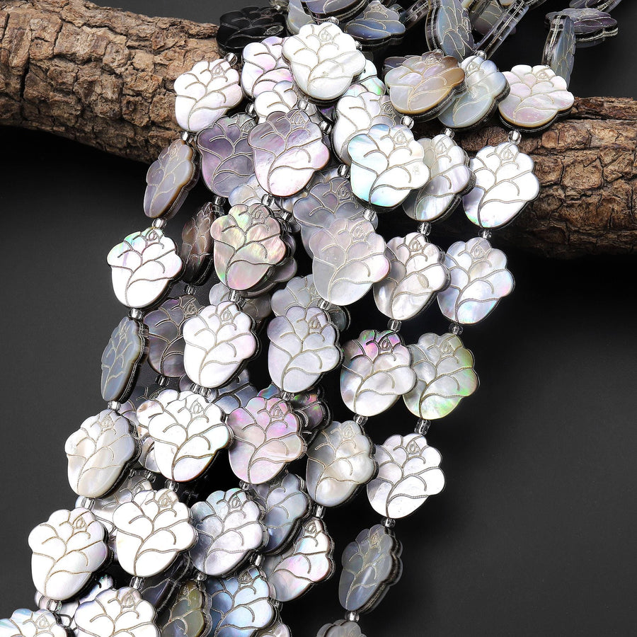 AAA Natural Silver Mother of Pearl Hand Carved Multi Layered Rose Petal Bloom Flower Beads 20mm