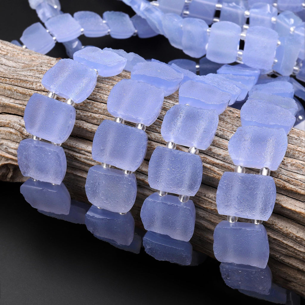 AAA Double Drilled Natural Blue Chalcedony Druzy 16x12mm Rectangle Title Bracelet Beads 8" Strand