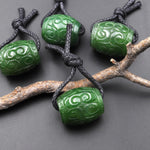 Hand Carved Natural Canadian Green Jade Barrel Gemstone Focal Bead Pendant Large 2mm Drill Hole