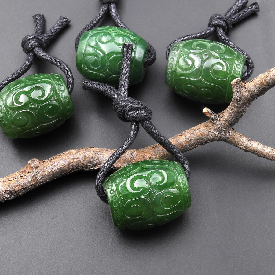 Hand Carved Natural Canadian Green Jade Barrel Gemstone Focal Bead Pendant Large 2mm Drill Hole