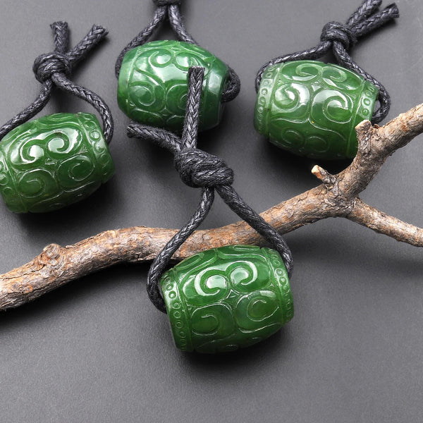 Hand Carved Natural Canadian Green Jade Barrel Gemstone Focal Bead Pendant Large 2mm Drill Hole