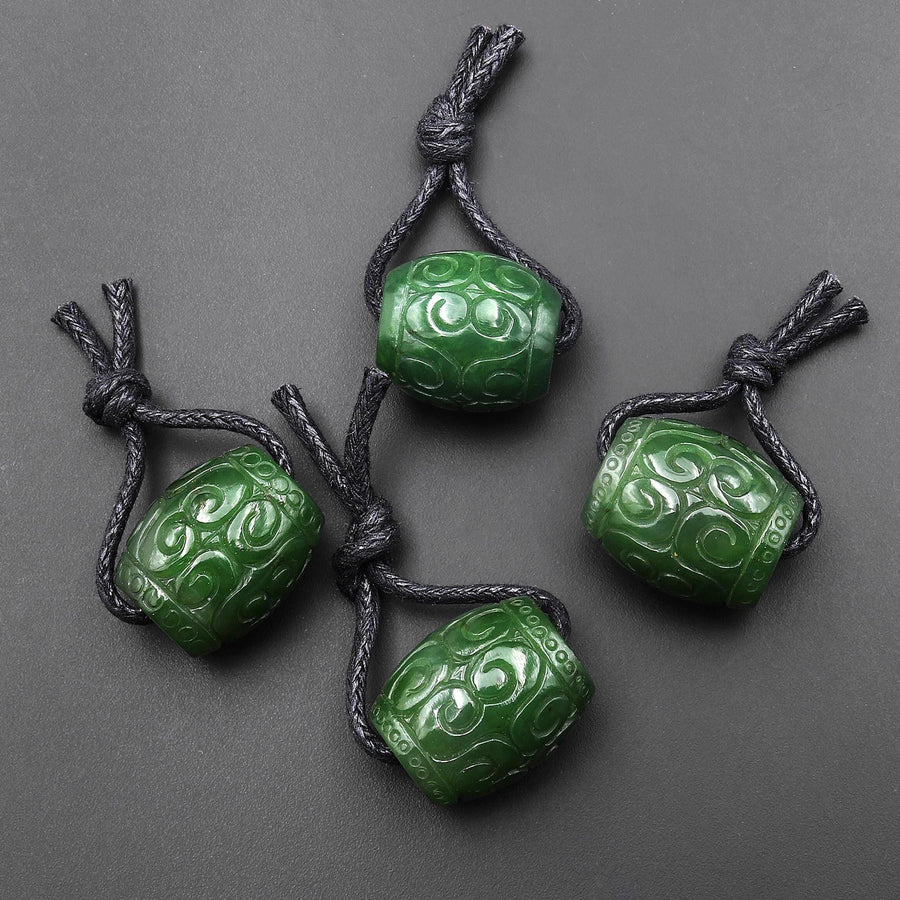 Hand Carved Natural Canadian Green Jade Barrel Gemstone Focal Bead Pendant Large 2mm Drill Hole