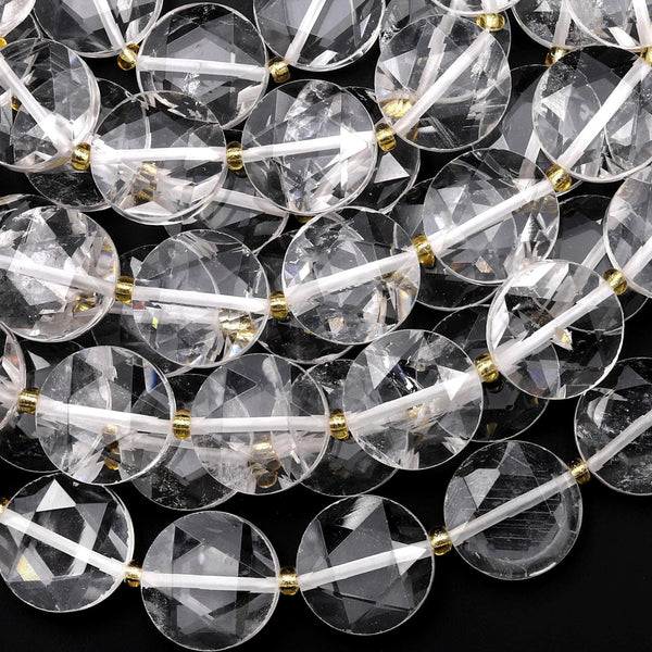 AAA Super Clear Real Genuine Natural Rock Crystal Quartz 15mm Faceted Coin Beads 15" Strand