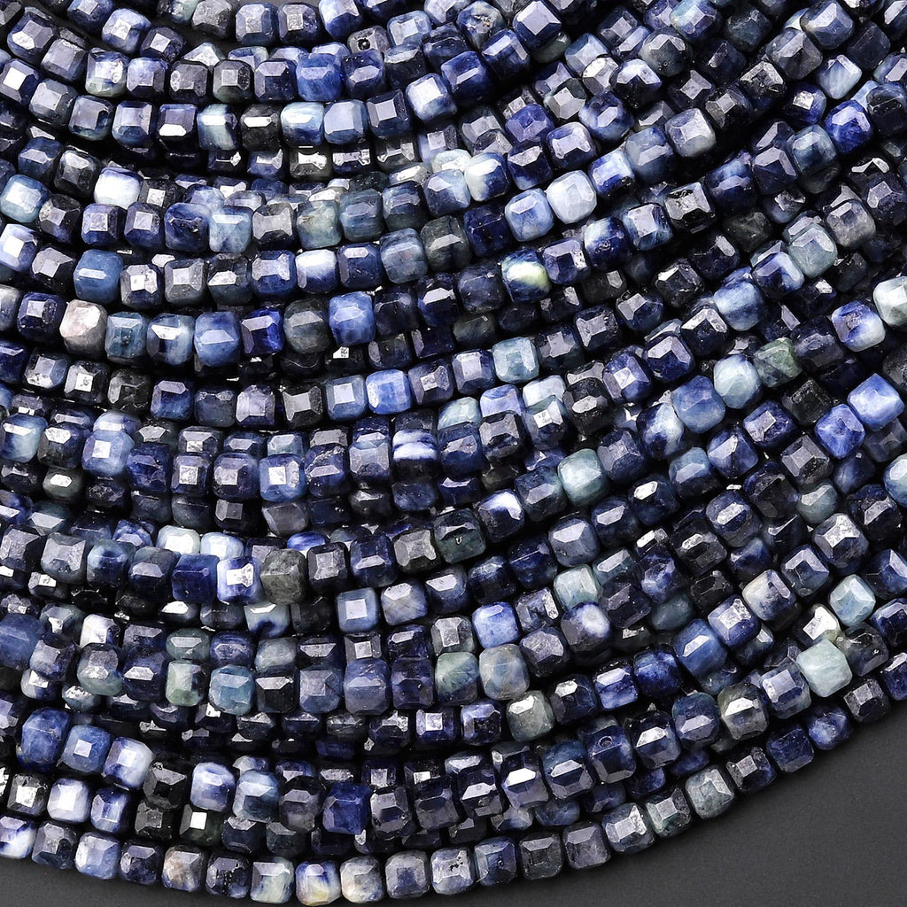 Faceted Genuine Natural Blue Sapphire 3mm Cube Beads 15.5" Strand