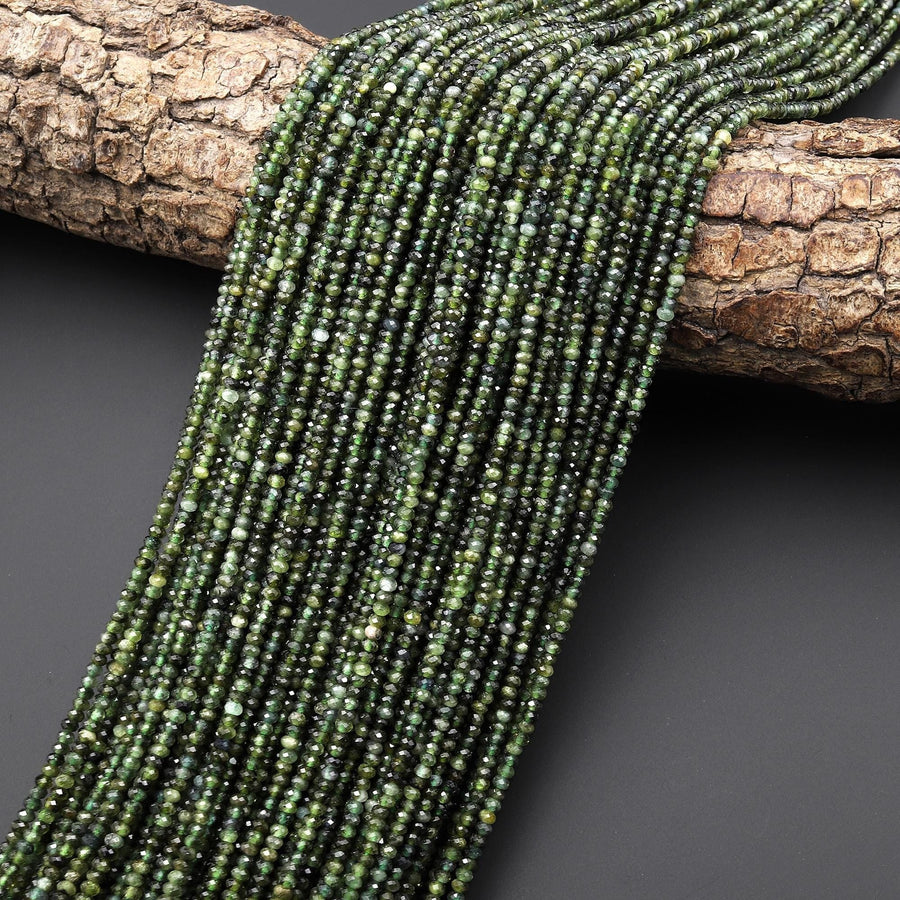 Micro Faceted Natural Green Tourmaline 2mm Rondelle Beads Diamond Cut Gemstone 15.5" Strand