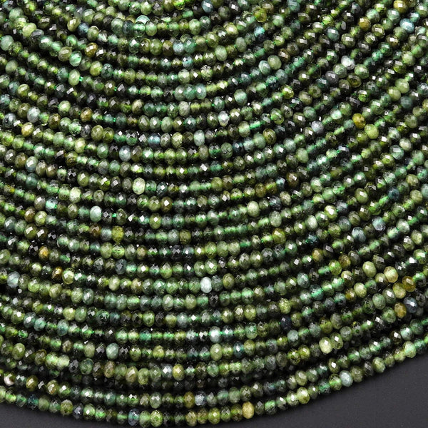 Micro Faceted Natural Green Tourmaline 2mm Rondelle Beads Diamond Cut Gemstone 15.5" Strand