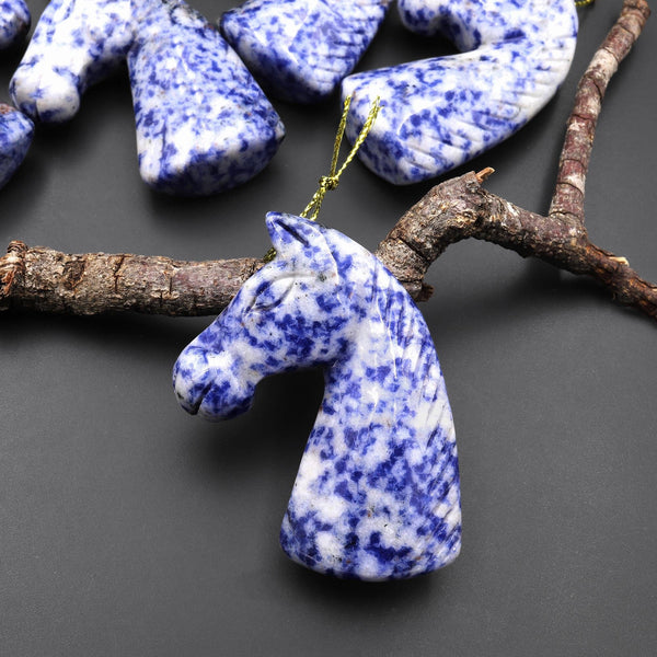 Hand Carved Natural Blue Sodalite Horse Head Pendant Gemstone Focal Bead A1