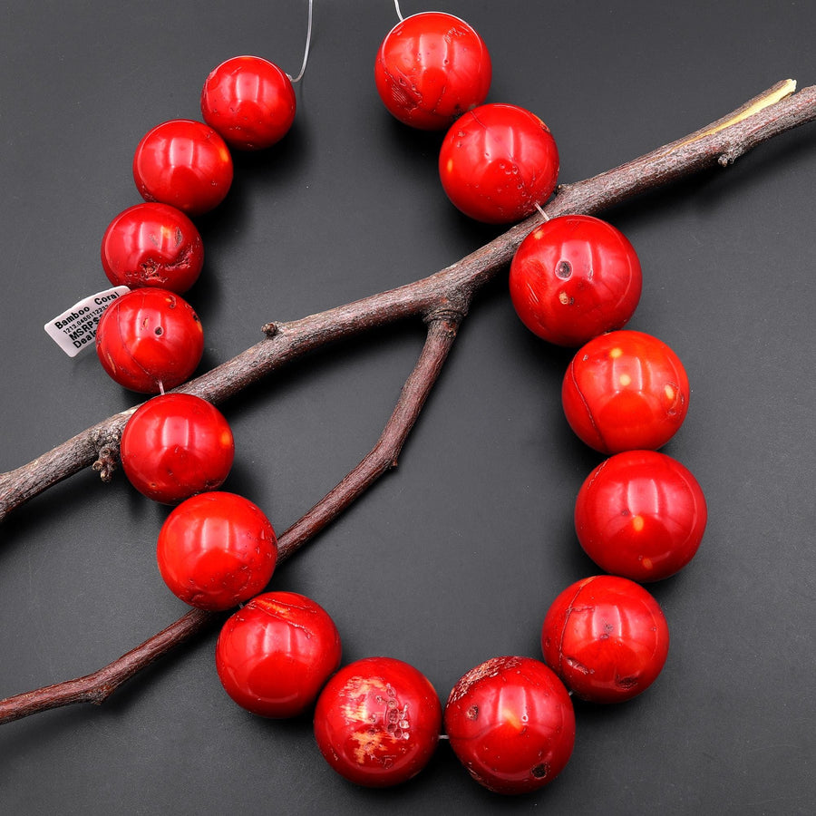 Huge Phenomenal Real Genuine Red Coral Round Beads 26mm 35mm 17.5" Strand