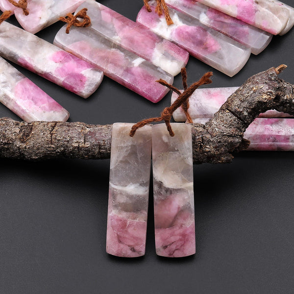 Natural Pink Tourmaline in Quartz Rectangle Earring Drilled Matched Gemstone Bead Pair A7