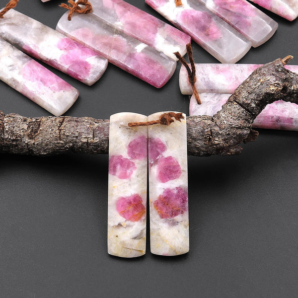 Natural Pink Tourmaline in Quartz Rectangle Earring Drilled Matched Gemstone Bead Pair A12